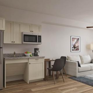 A modern studio apartment with a kitchenette and cozy living area.