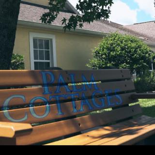 A wooden bench with graffiti in a sunny yard next to a house.