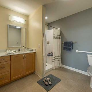 A modern bathroom with a wooden vanity, mirror, shower area, and toilet.