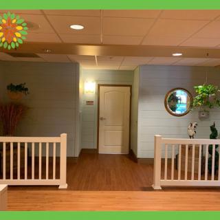 A cozy interior space with a central door, surrounded by decorative plants and wooden fencing.