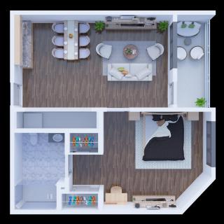 A modern apartment floor plan featuring a living room, dining area, bedroom, and a small balcony.