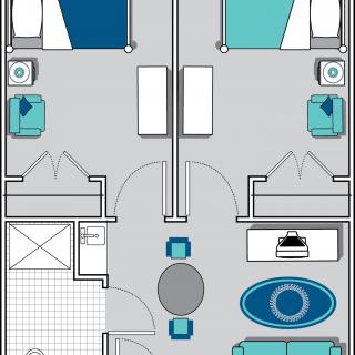 A detailed floor plan of a two-bedroom apartment with a centralized living area and blue accents.