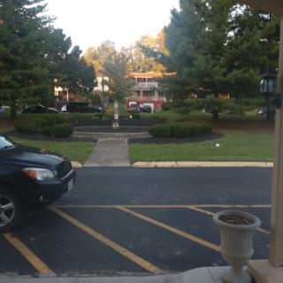 A view of a parking area with trees and a building in the background.
