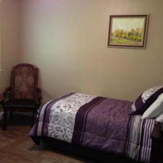 A simple bedroom with a single bed and a decorative chair, featuring a painting on the wall.