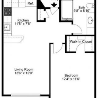 A floor plan of a one-bedroom apartment featuring a kitchen, living room, bathroom, and walk-in closet.