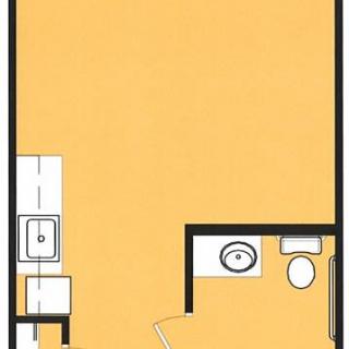 A simple floor plan of a studio apartment featuring a kitchen and bathroom area.