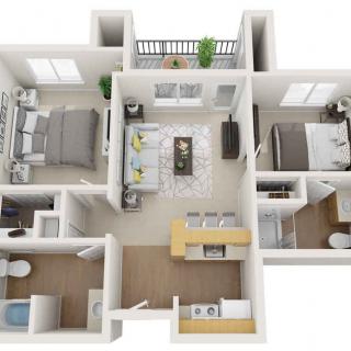 A 3D floor plan layout of a modern two-bedroom apartment.