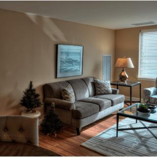 A cozy living room with a sofa, coffee table, and small Christmas trees.
