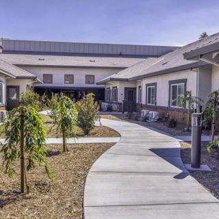 A well-maintained outdoor pathway leading to a modern building surrounded by landscaped gardens.