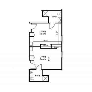 An apartment floor plan layout showing multiple rooms, including living areas and bathrooms.