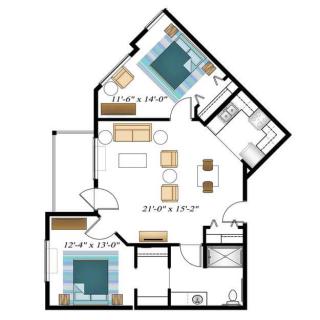 This is a floor plan of an apartment, showing the layout and furniture arrangement for a living room, kitchen, and bedroom.