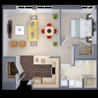 A cozy one-bedroom apartment floor plan featuring a combined living and dining area, a modern kitchen, and a compact bathroom.