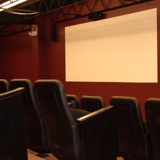 An empty cinema theater with a blank screen and rows of seats.