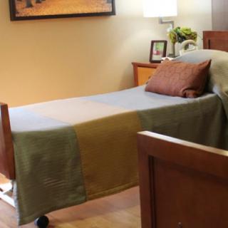 A hospital bed in a well-maintained room with cozy furnishings.