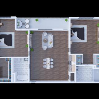 Modern apartment floor plan with two bedrooms, a central living area, and outdoor balconies.