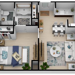 A modern apartment floor plan featuring a spacious living room, kitchen, bedroom, and bathroom.