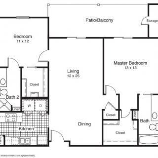 A detailed floor plan of a two-bedroom apartment, featuring two bathrooms, a kitchen, living room, dining area, and a patio.