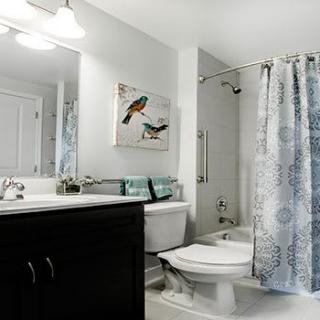 A modern bathroom with a sink, toilet, and shower curtain.