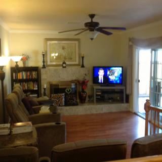 A cozy living room with a television, bookshelf, and fireplace.