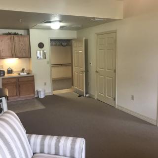 A cozy living space featuring a striped chair, kitchenette, and carpeted flooring.
