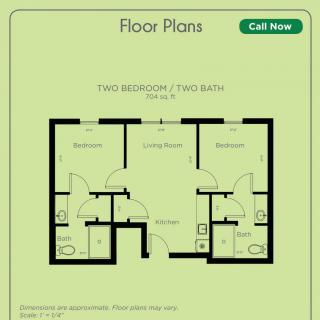 Two-bedroom, two-bathroom apartment floor plan.