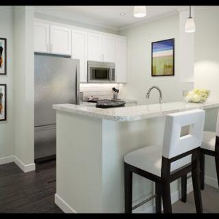 Modern kitchen with white cabinetry and stainless steel appliances.