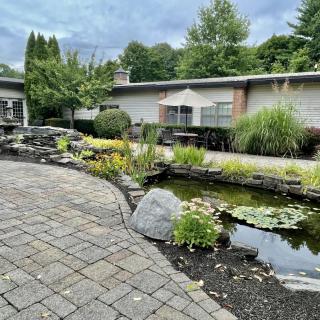 A serene garden featuring a pond surrounded by lush greenery and a brick patio.