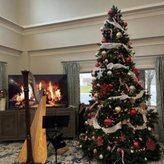 A beautifully decorated Christmas tree stands next to a harp, with a cozy fireplace on the TV creating a festive holiday atmosphere.