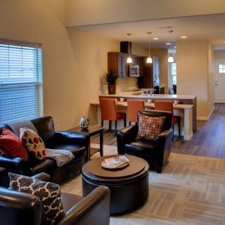 A modern open-concept living room and kitchen area with stylish furniture and decor.