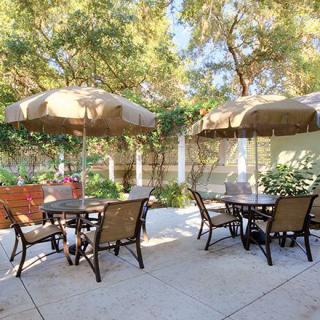 A serene outdoor patio with tables, chairs, and umbrellas surrounded by lush greenery.