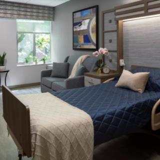 A well-furnished hospital room with a bed, sofa, and decorative elements.
