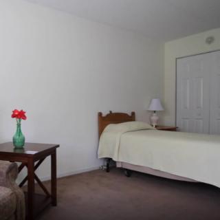 A minimalist bedroom with a single bed, a bedside lamp, and a small table with a vase of red flowers.