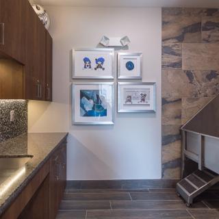 A modern laundry room featuring a dog shower area, stylish artwork, and functional storage cabinets.