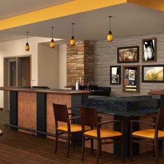 A modern bar interior with stylish decor and comfortable seating.