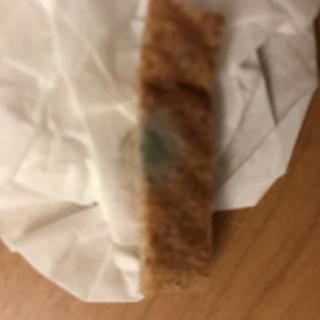 Moldy piece of bread on a napkin.