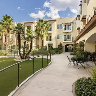 An inviting courtyard with palm trees and outdoor seating in an apartment complex.
