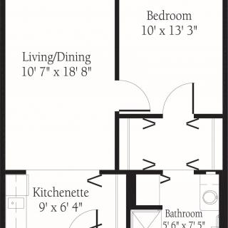This is a floor plan of an apartment featuring a bedroom, bathroom, kitchenette, and a combined living/dining area.