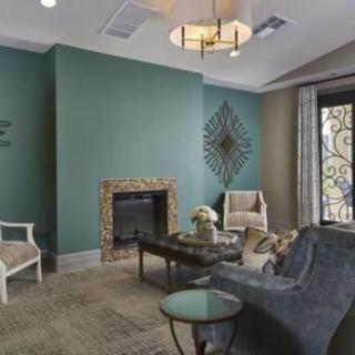 A stylish living room featuring a fireplace, modern furniture, and elegant decor.