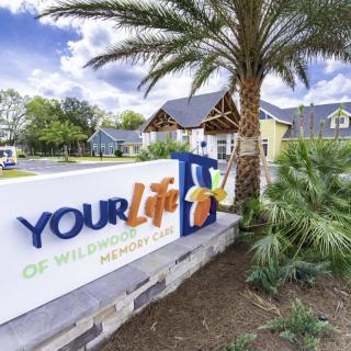 Entrance sign for Your Life facility with palm tree and building in the background.