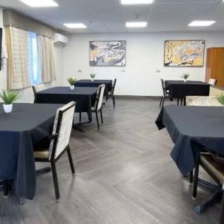A modern dining area with tables covered in black tablecloths, adorned with small potted plants and surrounded by chairs.