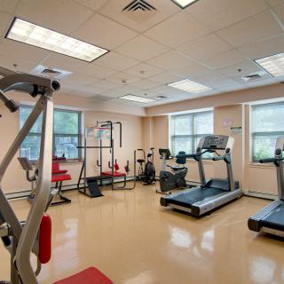 A well-equipped gym with various exercise machines, including treadmills and weightlifting equipment.