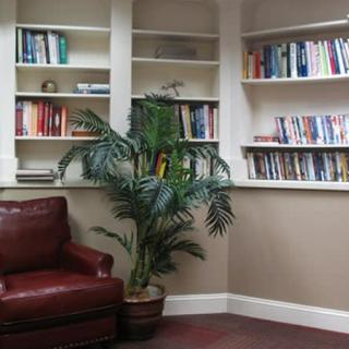 A cozy reading corner with a leather chair, bookshelves, and a potted plant.