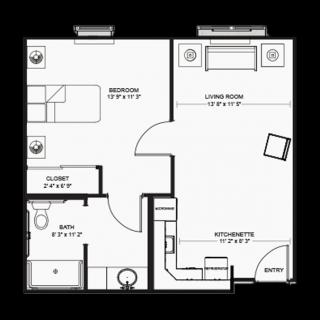 A floor plan showing a one-bedroom apartment with a living room, kitchen, and bathroom.