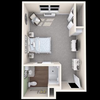 A 3D-rendered floor plan of a studio apartment featuring a bedroom and a bathroom.