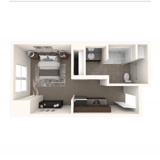 3D floor plan of a compact apartment with bedroom, kitchen, and bathroom.