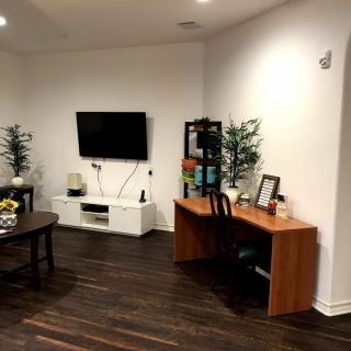 A cozy living room with a small office setup, featuring a desk, television, bookshelf, and indoor plants on hardwood flooring.