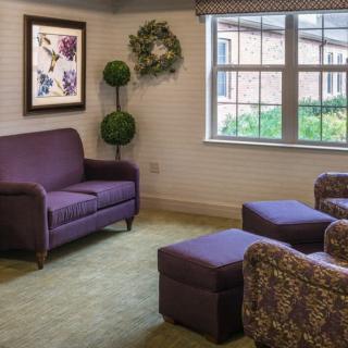 A cozy living room with a purple sofa, armchairs, and an ottoman, decorated with wall art and indoor plants.