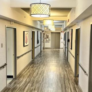 A well-lit hallway with modern design and multiple doors.