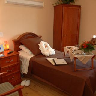 A cozy, small bedroom with a single bed and warm decor.