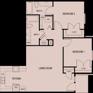 A floor plan layout of a two-bedroom apartment with a kitchen, living room, and bathroom.
